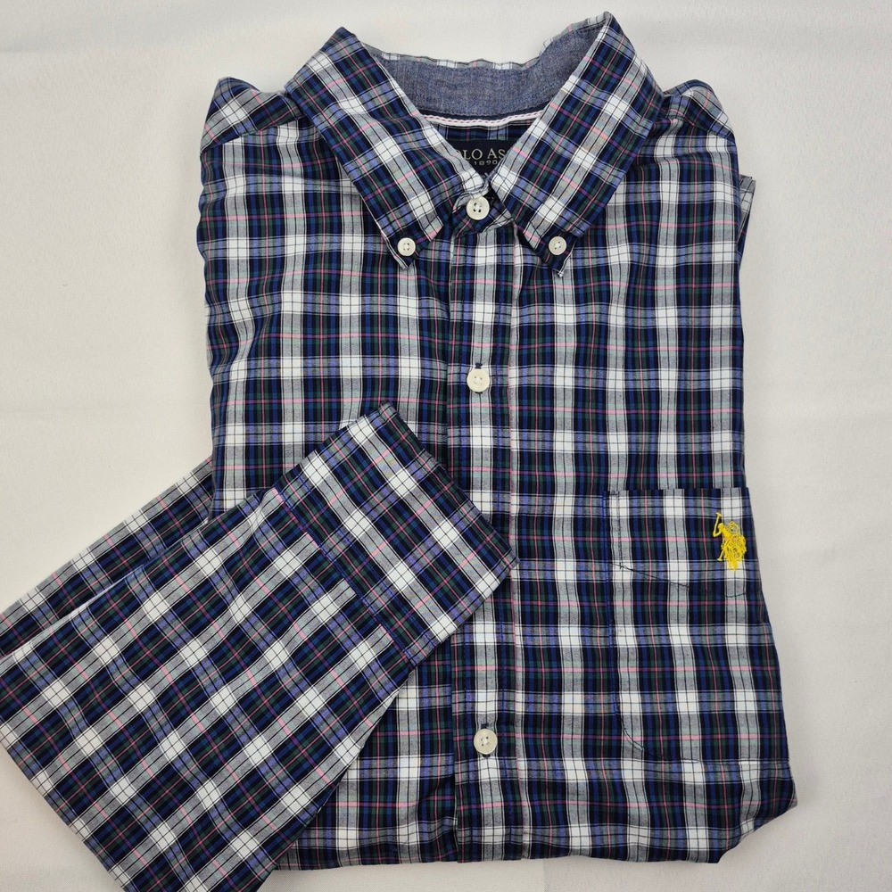 U.S. Polo Assn. Men's XL Button Down Shirt Navy Green Plaid Long Sleeve Preppy‎